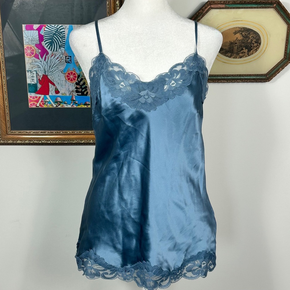 Gold Hawk Dusty Blue Lace Floral Silk Cami Tank Top - SIZE S Luxury Feminine